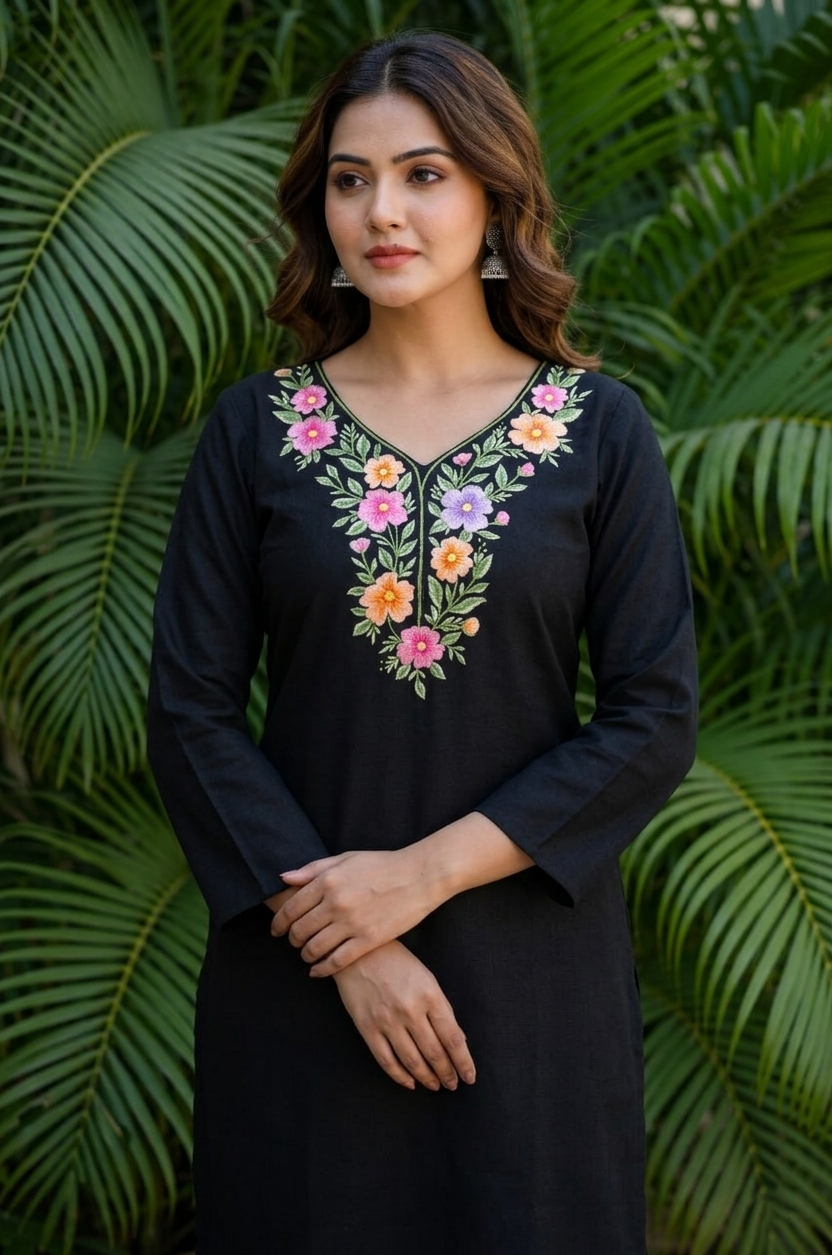 Midnight Bloom: Black Floral Embroidered V-Neck Short Kurta