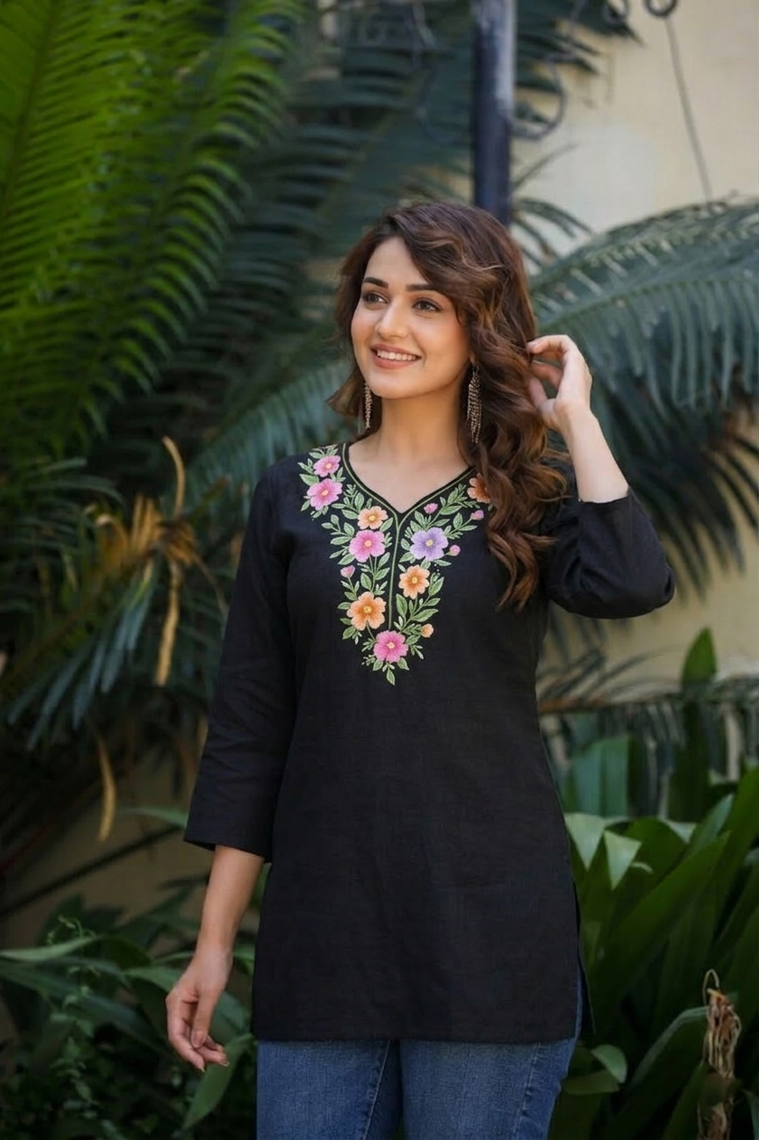 Midnight Bloom: Black Floral Embroidered V-Neck Short Kurta