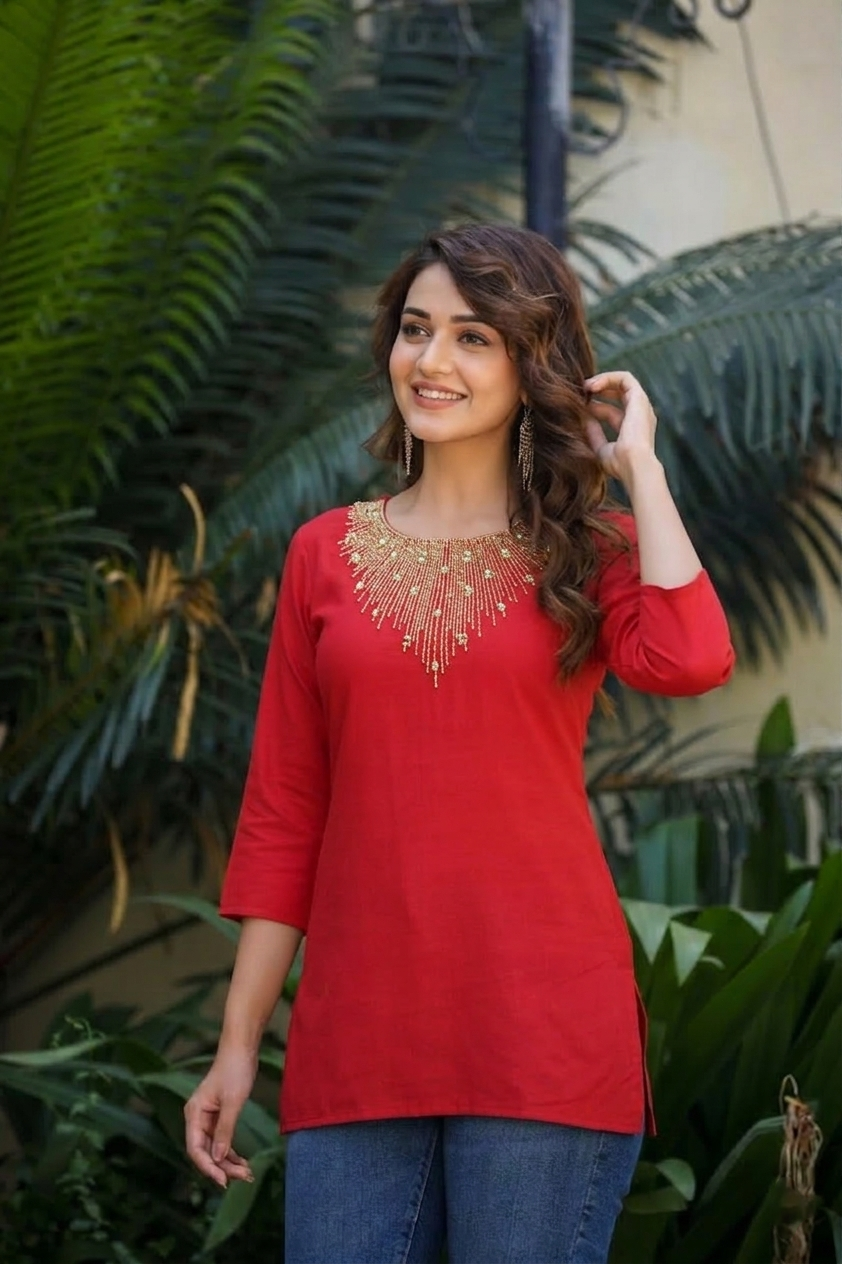 Red Rayon Kurti with Intricate Gold Mirror-Work Neckline