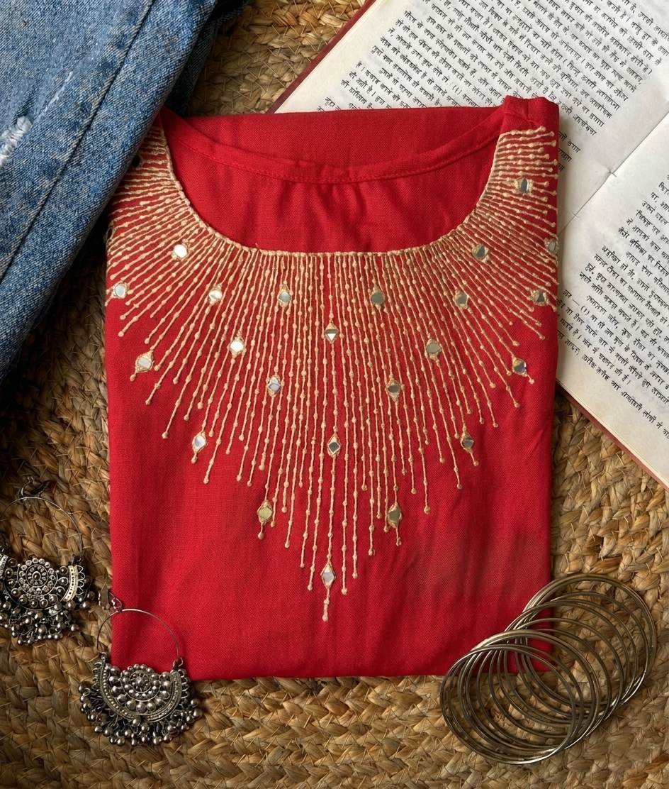 Red Rayon Kurti with Intricate Gold Mirror-Work Neckline