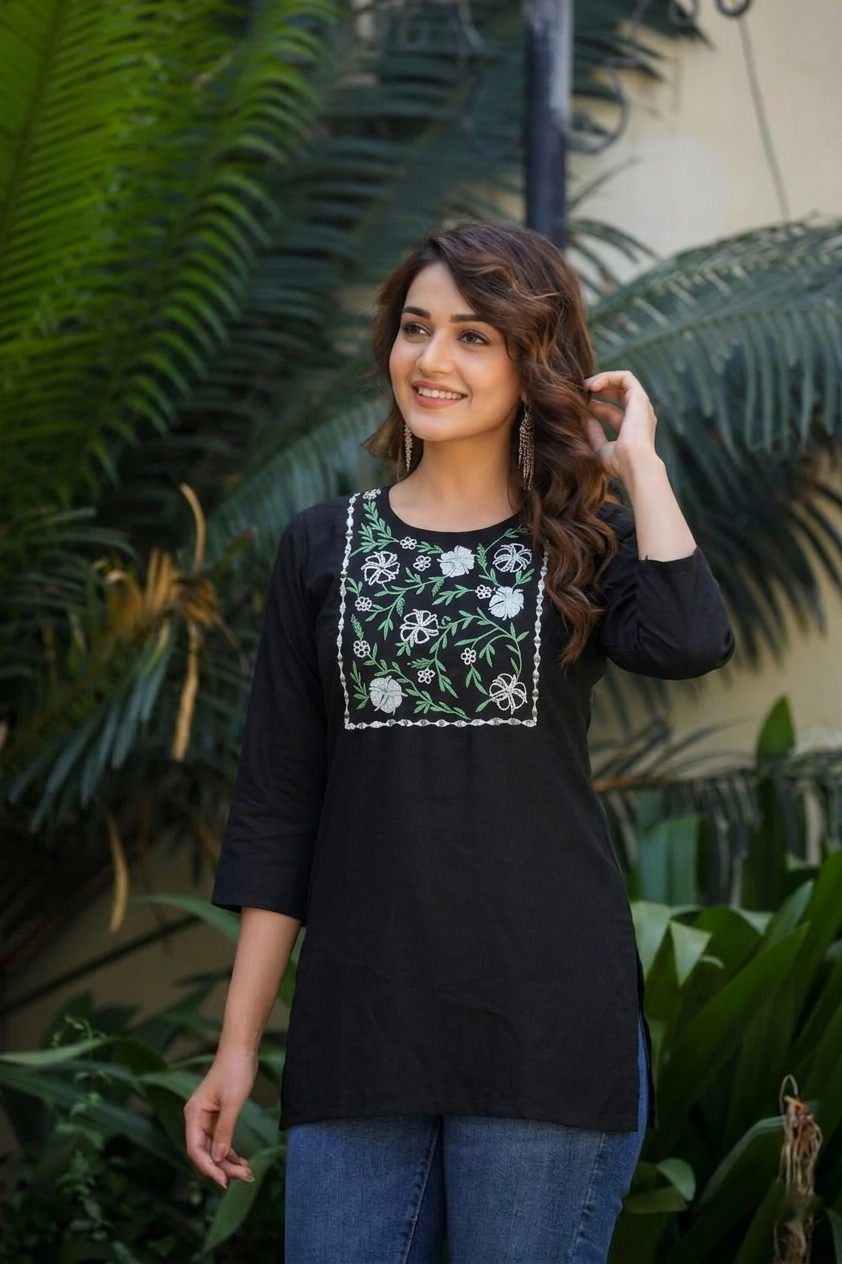 Black Cotton Embroidered Short Kurti with Floral Resham Work