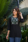 Black Cotton Embroidered Short Kurti with Floral Resham Work