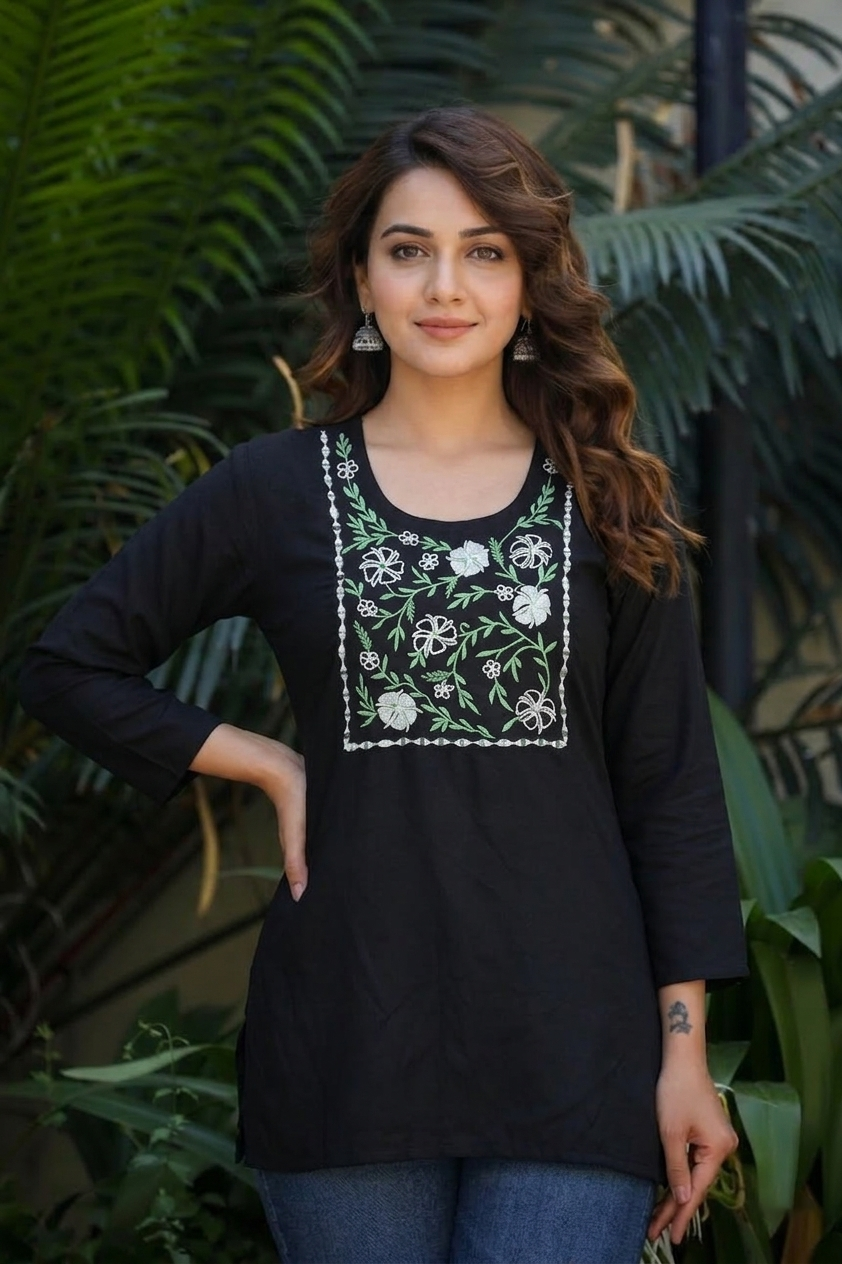 Black Cotton Embroidered Short Kurti with Floral Resham Work