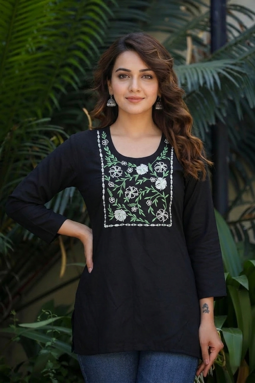 Black Cotton Embroidered Short Kurti with Floral Resham Work