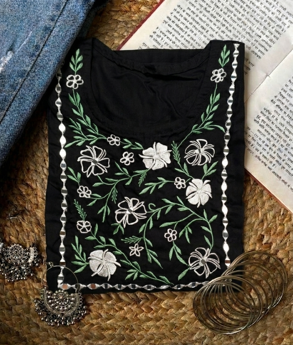Black Cotton Embroidered Short Kurti with Floral Resham Work