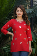 Red Cotton Short Tunic with Real Mirror Embroidery