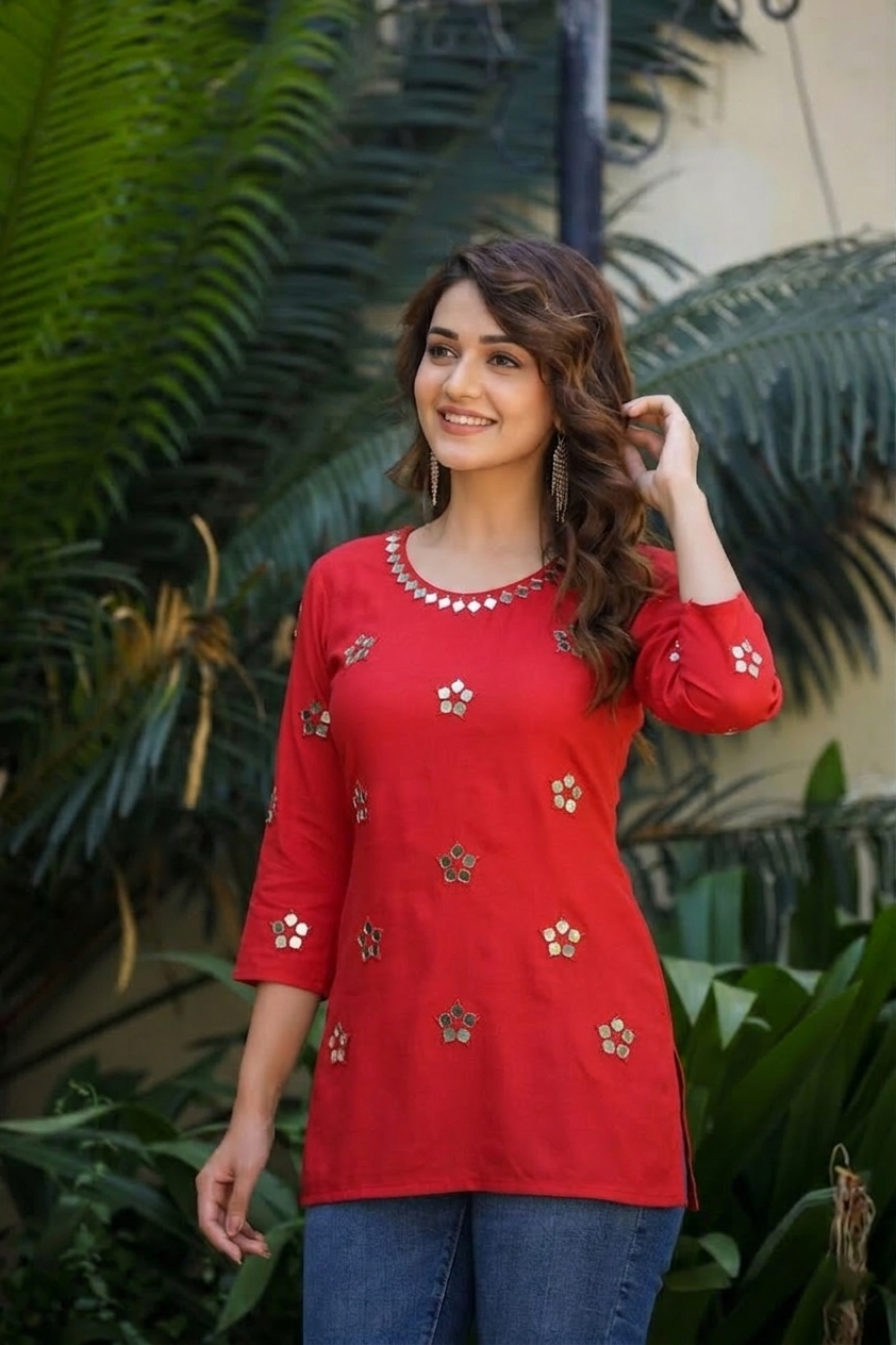Red Cotton Short Tunic with Real Mirror Embroidery