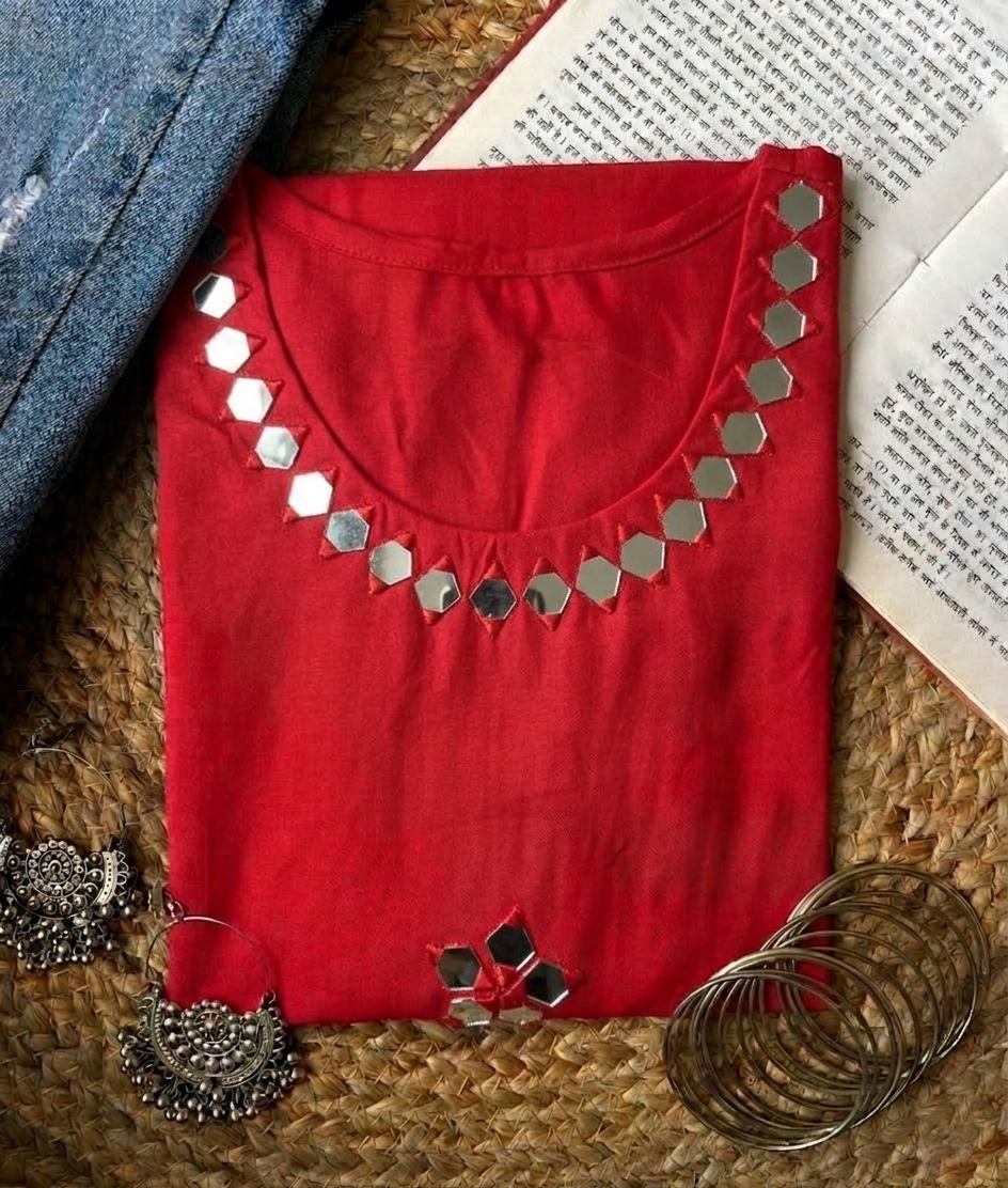 Red Cotton Short Tunic with Real Mirror Embroidery