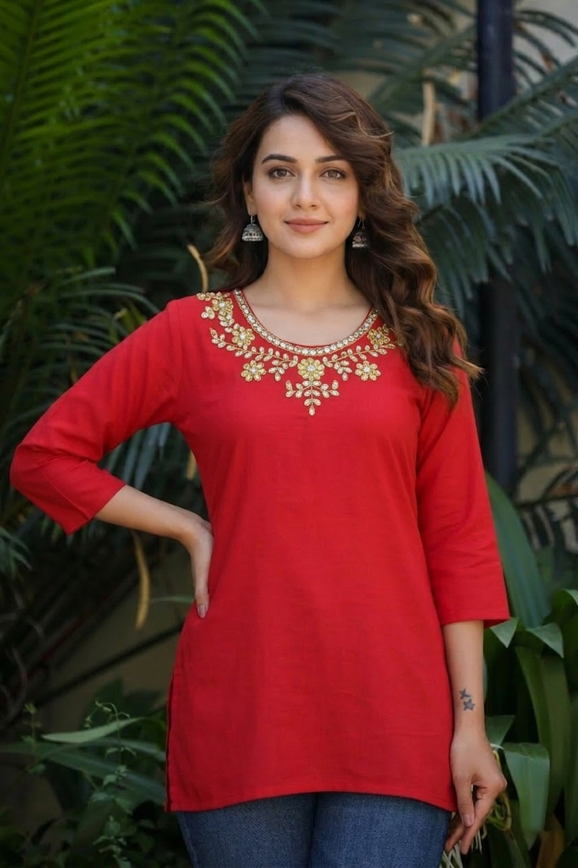 Red Rayon Kurti with Intricate Gota Patti Work