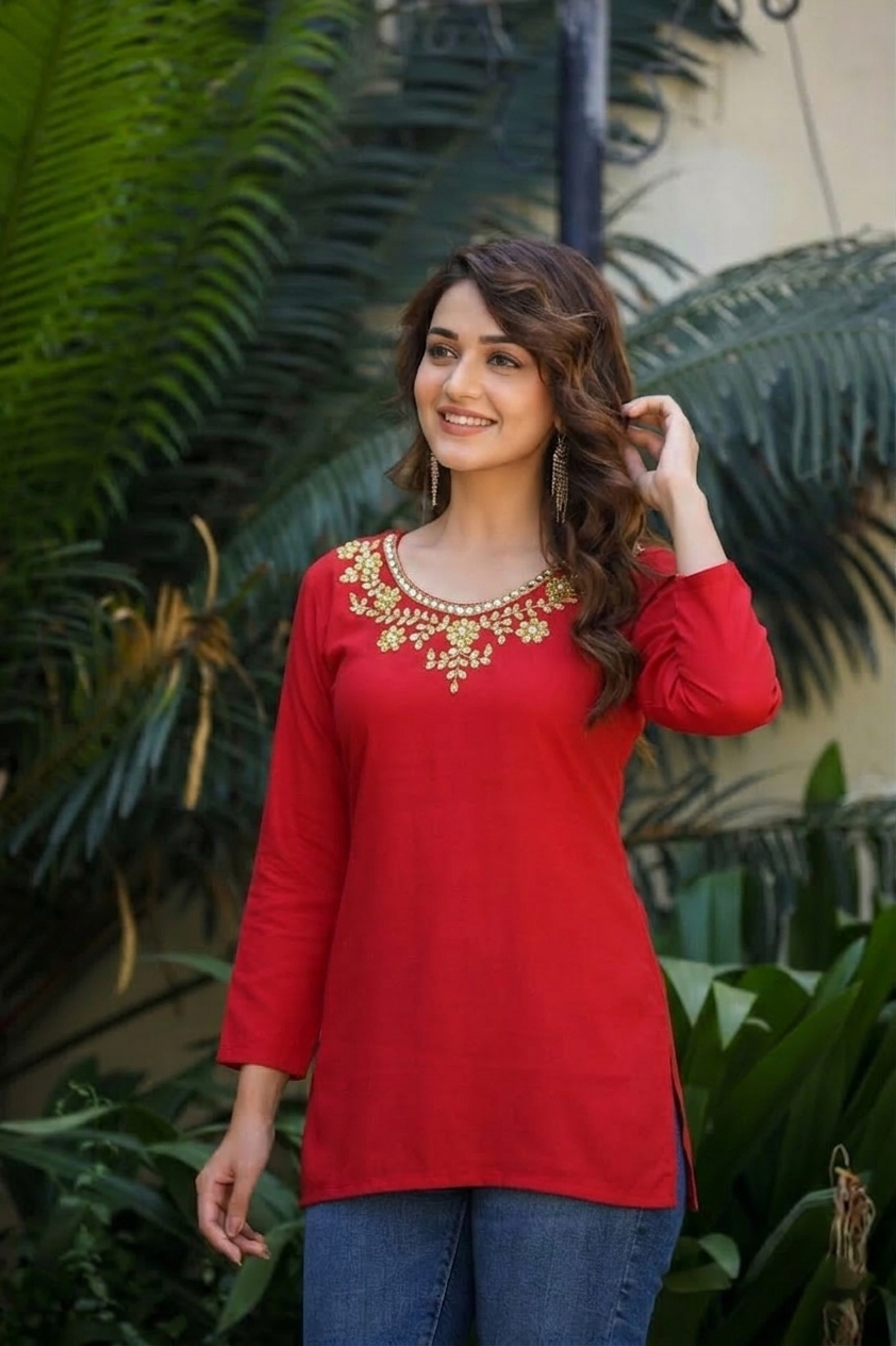 Red Rayon Kurti with Intricate Gota Patti Work