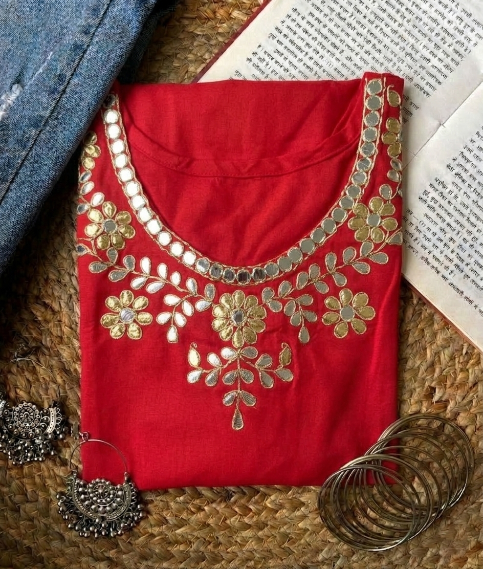 Red Rayon Kurti with Intricate Gota Patti Work