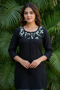 Midnight Flora Hand-Embroidered Cotton Kurti