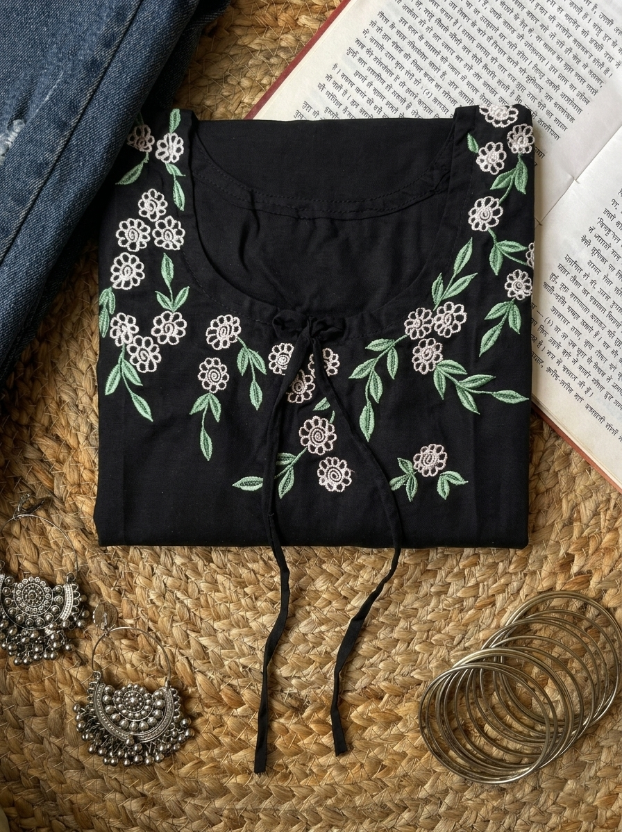 Midnight Flora Hand-Embroidered Cotton Kurti