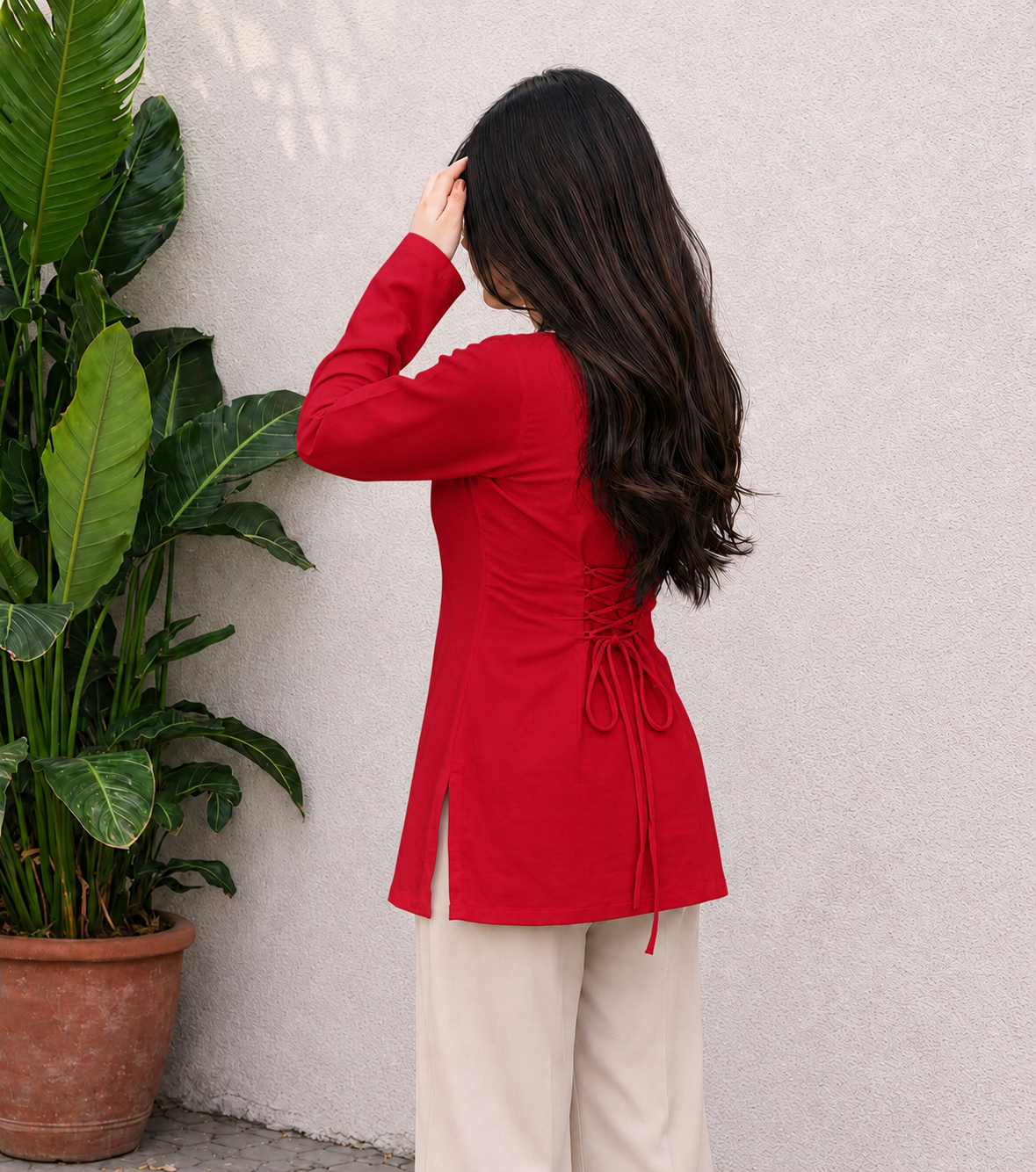 Ruby Red Square Neck Cotton Top for Women | Adjustable Back Tie Kurti