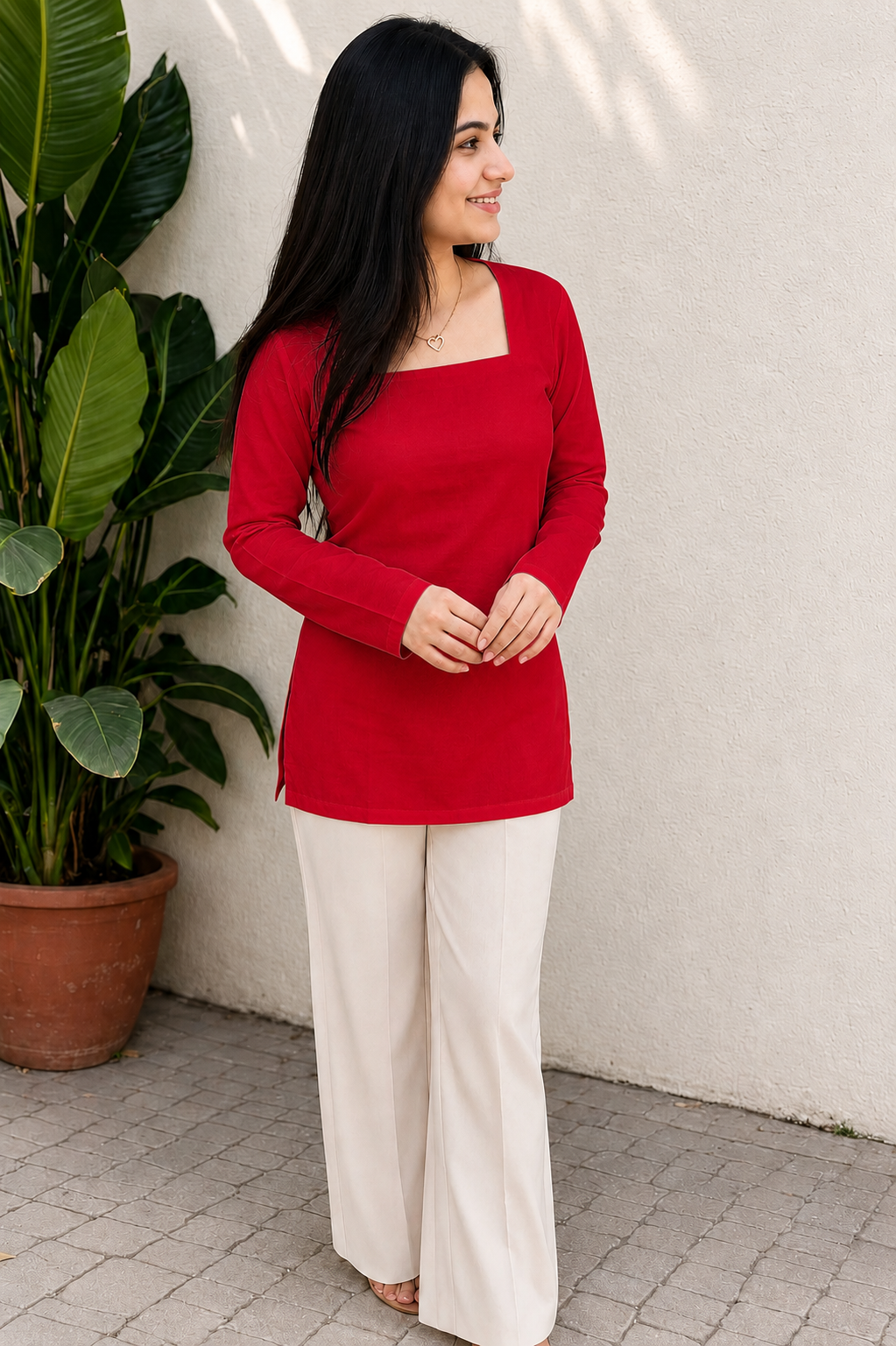 Ruby Red Square Neck Cotton Top for Women | Adjustable Back Tie Kurti