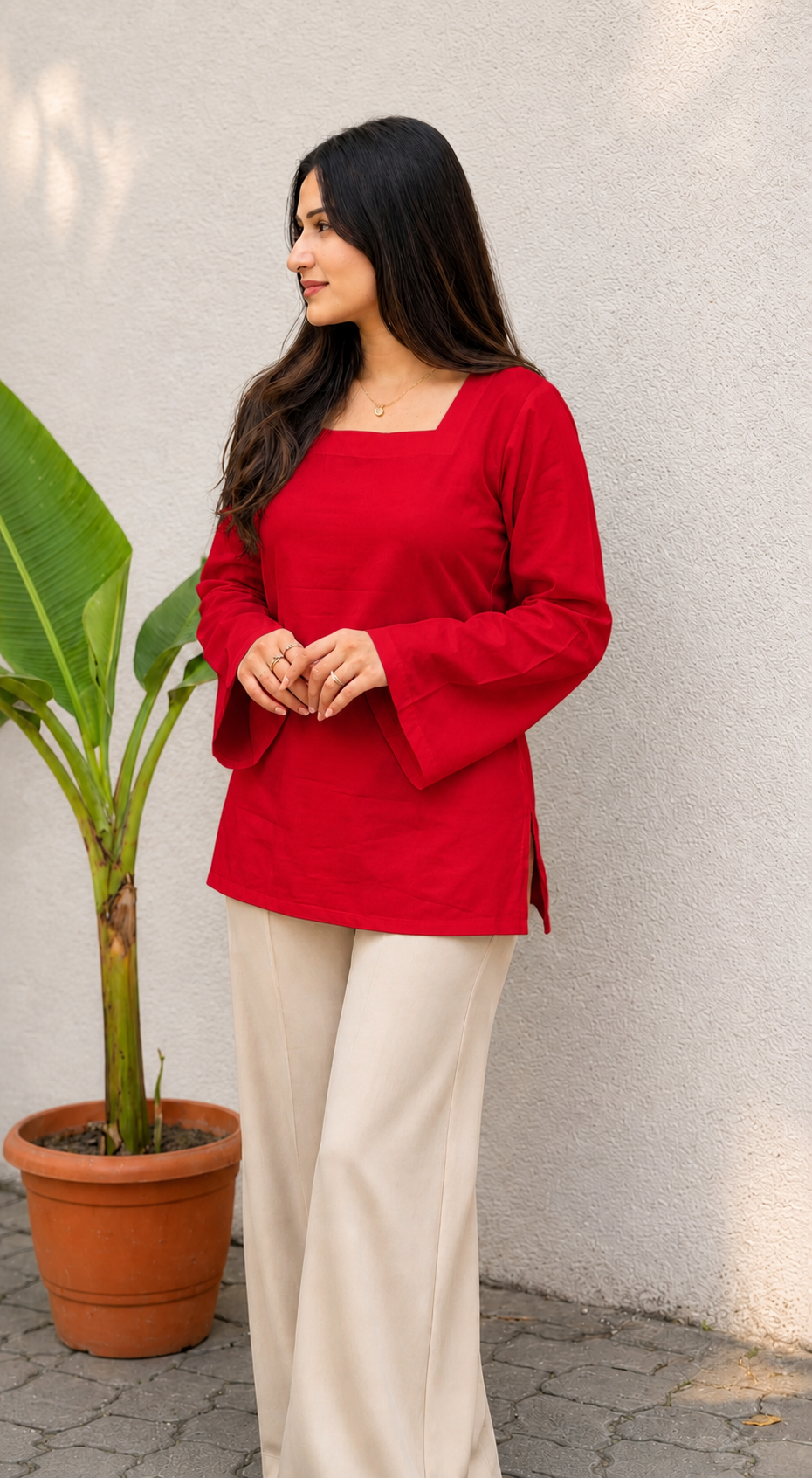Ruby Red Square Neck Cotton Top for Women | Adjustable Back Tie Kurti