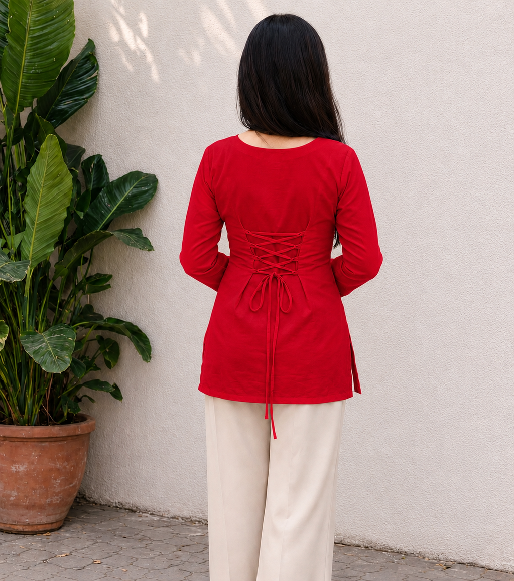 Ruby Red Square Neck Cotton Top for Women | Adjustable Back Tie Kurti