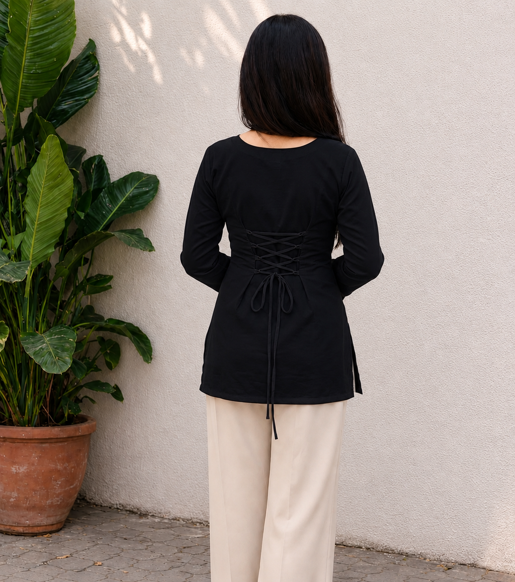 Women's Black Square Neck Long Sleeve Top with Lace-Up Back | Premium Casual Tunic