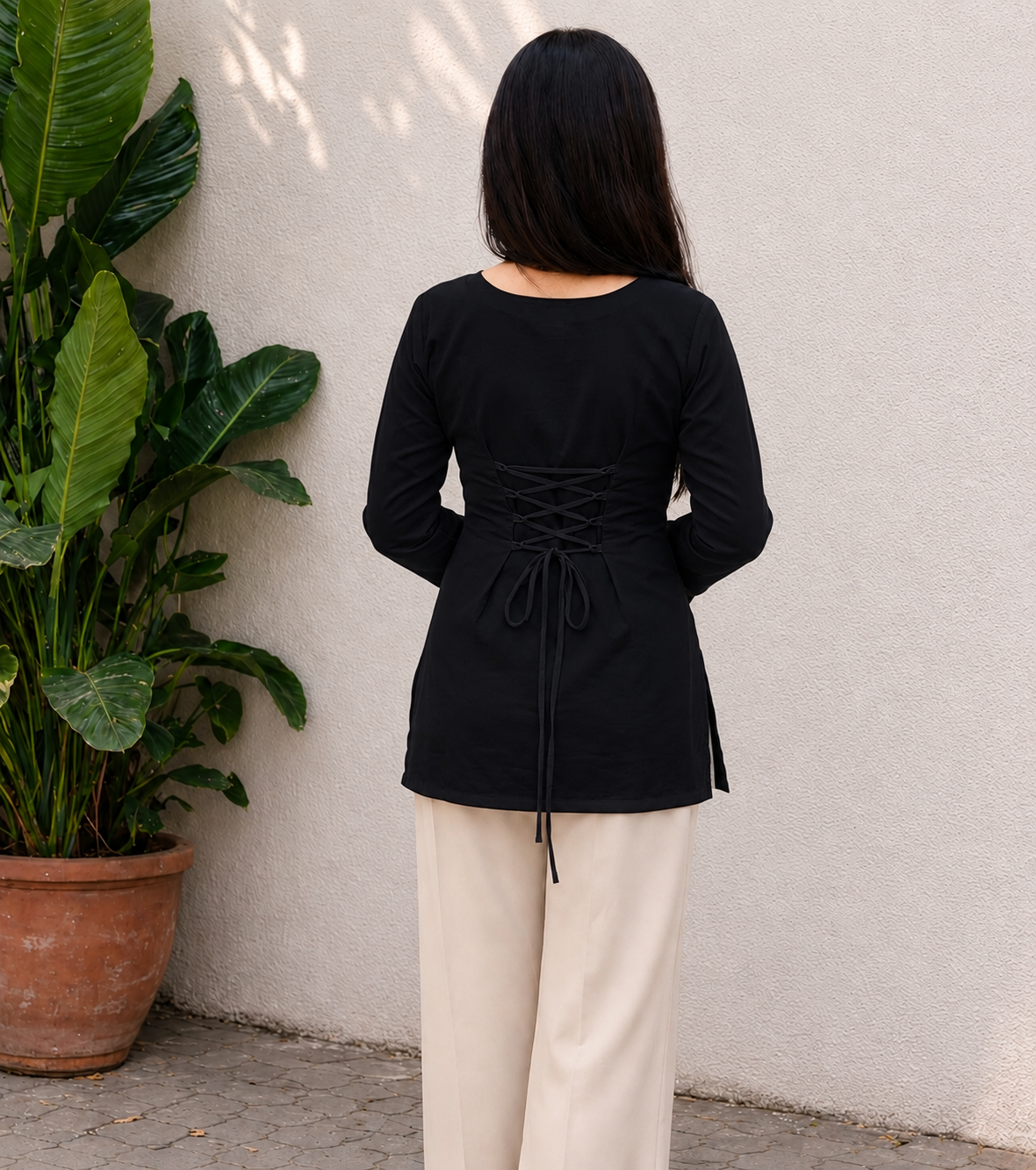 Women's Black Square Neck Long Sleeve Top with Lace-Up Back | Premium Casual Tunic