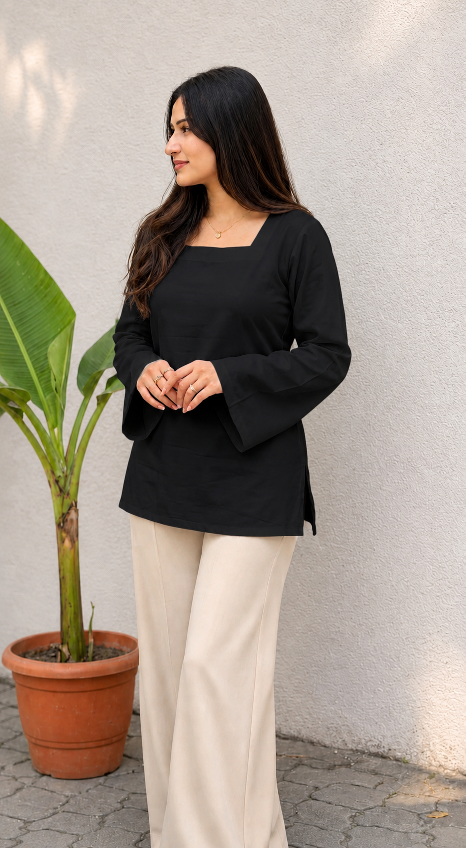 Women's Black Square Neck Long Sleeve Top with Lace-Up Back | Premium Casual Tunic