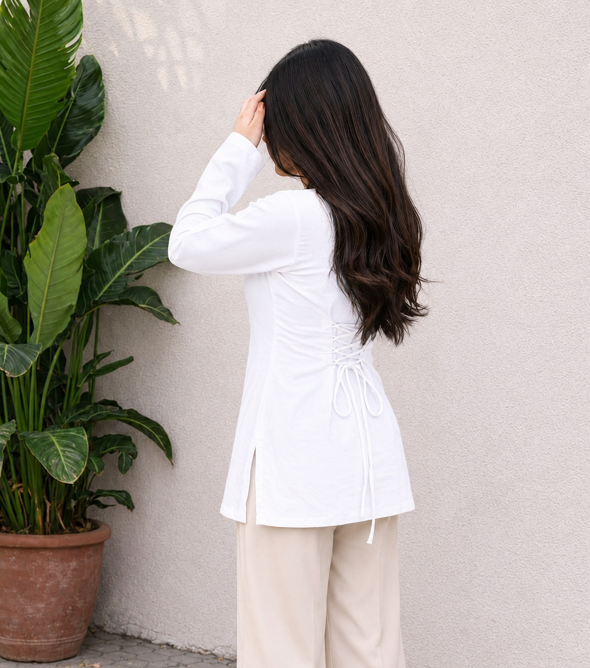 Women's White Square Neck Long Sleeve Top with Lace-Up Back | Premium Stretch Casual Tunic