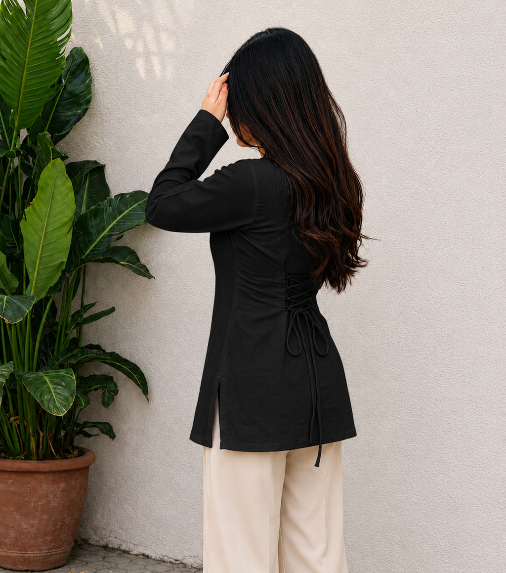 Women's Black Square Neck Long Sleeve Top with Lace-Up Back | Premium Casual Tunic