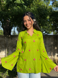 Yousafzai Women's Lime Green Embroidered Bell Sleeve Top | Collared V-Neck Rayon Kurti | Floral Embroidery Casual Ethnic Wear