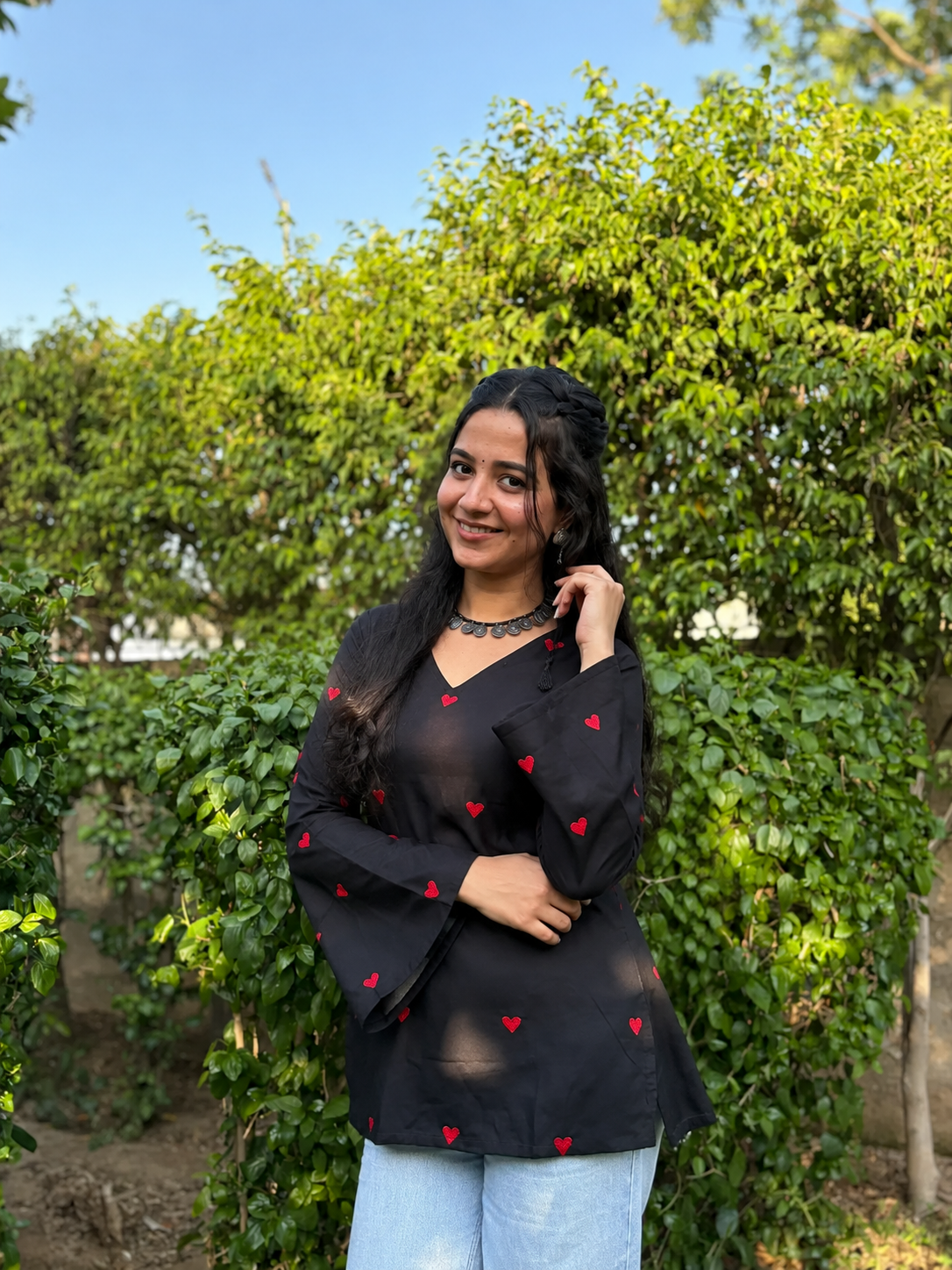 Women's Black Cotton Embroidered Heart Kurti | V-Neck Bell Sleeves Casual Ethnic Top | Soft Daily Wear Kurta