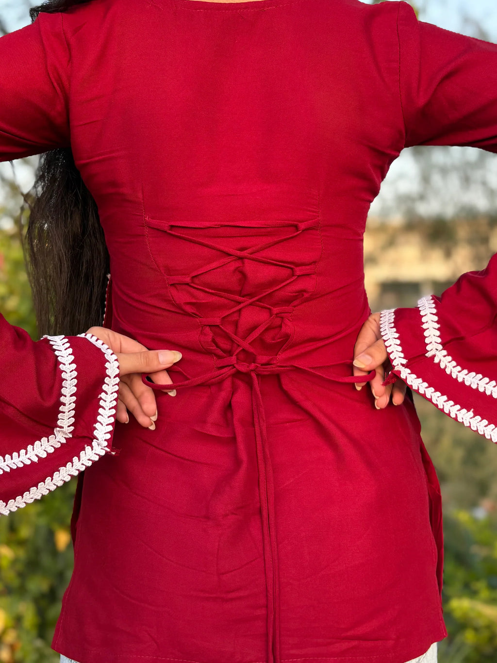 Women's Maroon Cotton Bell Sleeve Kurti | Lace Trim V-Neck Ethnic Top | Stylish Casual & Office Wear Kurta