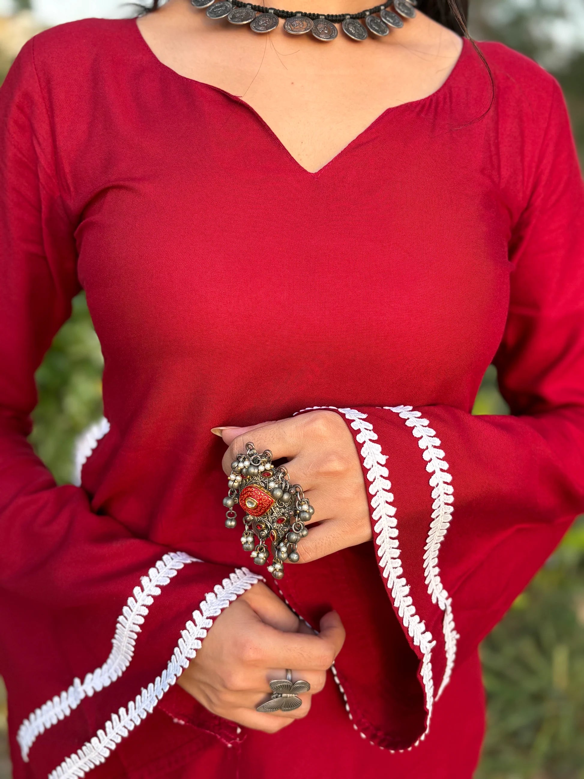 Women's Maroon Cotton Bell Sleeve Kurti | Lace Trim V-Neck Ethnic Top | Stylish Casual & Office Wear Kurta