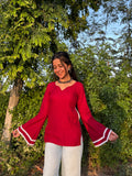 Women's Maroon Cotton Bell Sleeve Kurti | Lace Trim V-Neck Ethnic Top | Stylish Casual & Office Wear Kurta