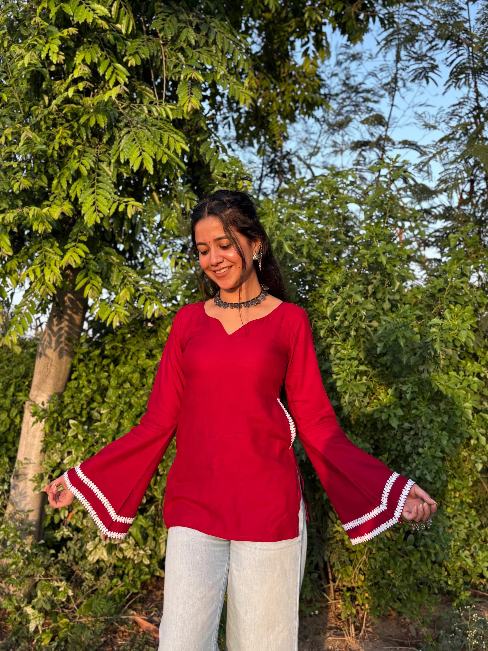 Women's Maroon Cotton Bell Sleeve Kurti | Lace Trim V-Neck Ethnic Top | Stylish Casual & Office Wear Kurta