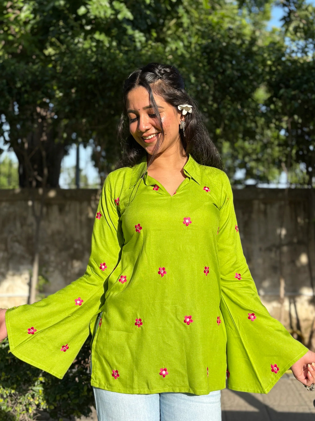 Yousafzai Women's Lime Green Embroidered Bell Sleeve Top | Collared V-Neck Rayon Kurti | Floral Embroidery Casual Ethnic Wear