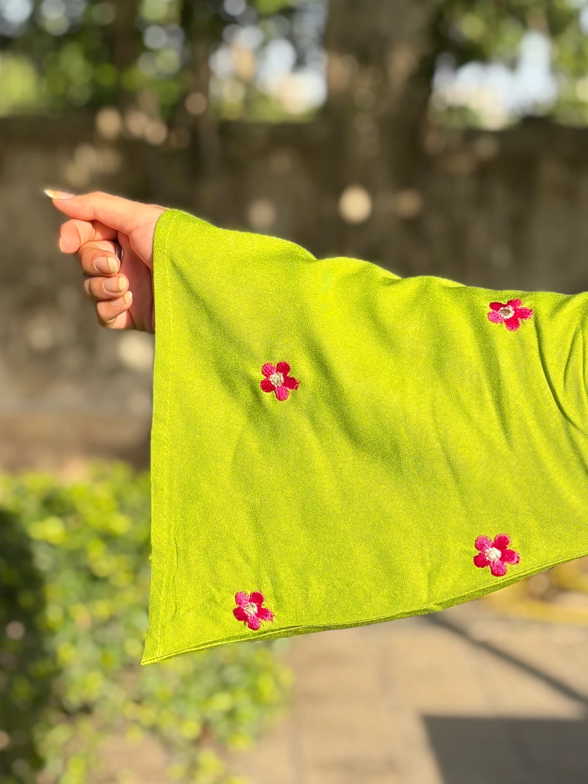 Yousafzai Women's Lime Green Embroidered Bell Sleeve Top | Collared V-Neck Rayon Kurti | Floral Embroidery Casual Ethnic Wear