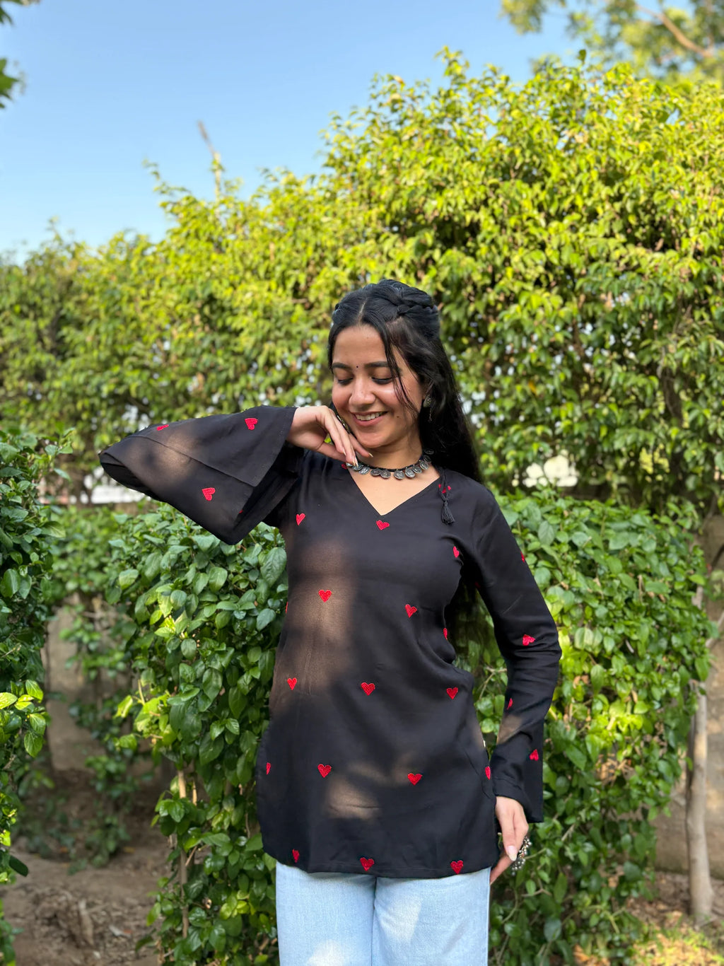 Women's Black Cotton Embroidered Heart Kurti | V-Neck Bell Sleeves Casual Ethnic Top | Soft Daily Wear Kurta
