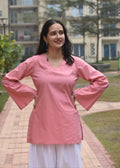 Women's Baby Pink Cotton Kurti | V-Neck Bell Sleeve Casual Ethnic Top | Soft Daily Wear Kurta for Women