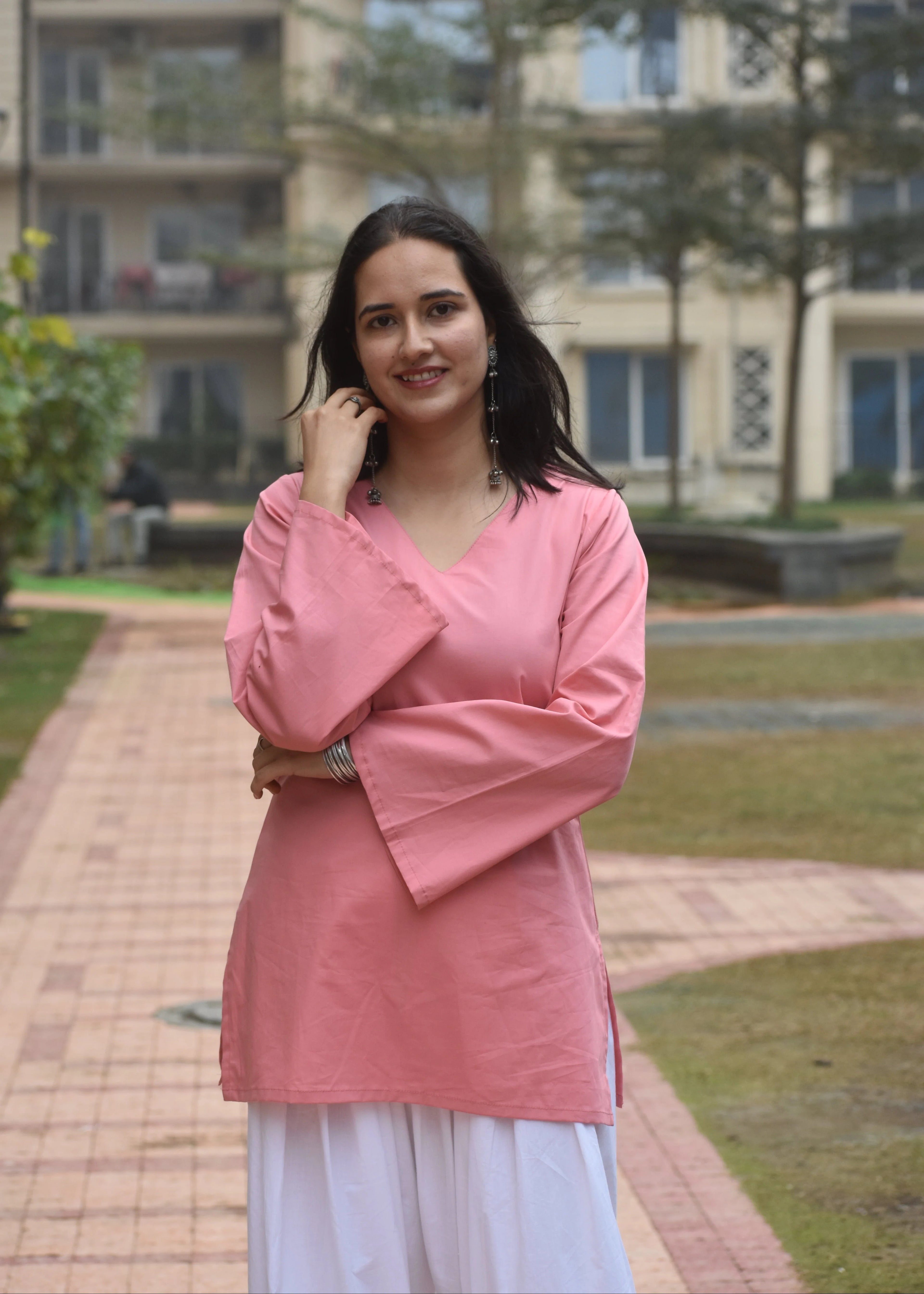 Women's Baby Pink Cotton Kurti | V-Neck Bell Sleeve Casual Ethnic Top | Soft Daily Wear Kurta for Women