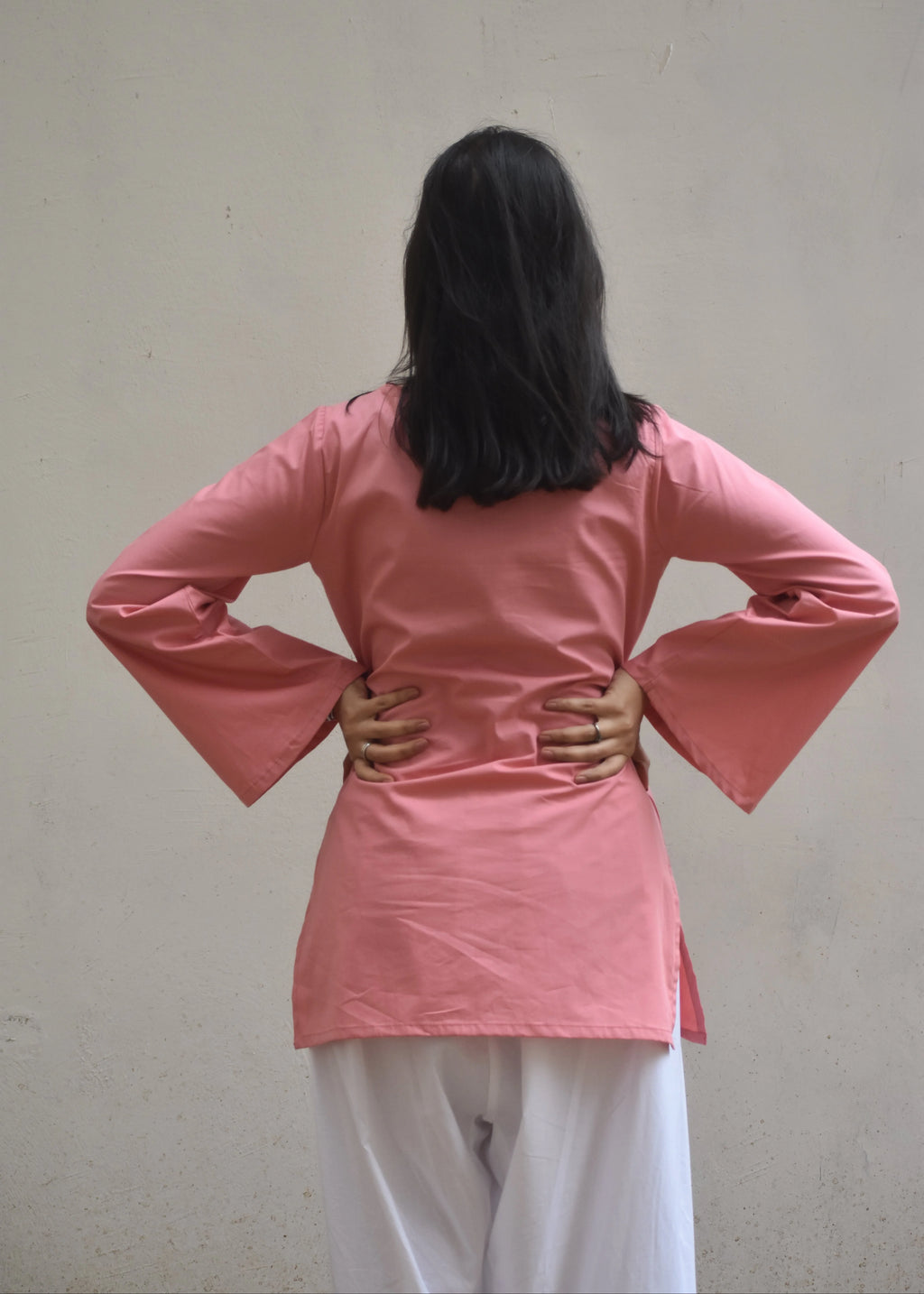 Women's Baby Pink Cotton Kurti | V-Neck Bell Sleeve Casual Ethnic Top | Soft Daily Wear Kurta for Women