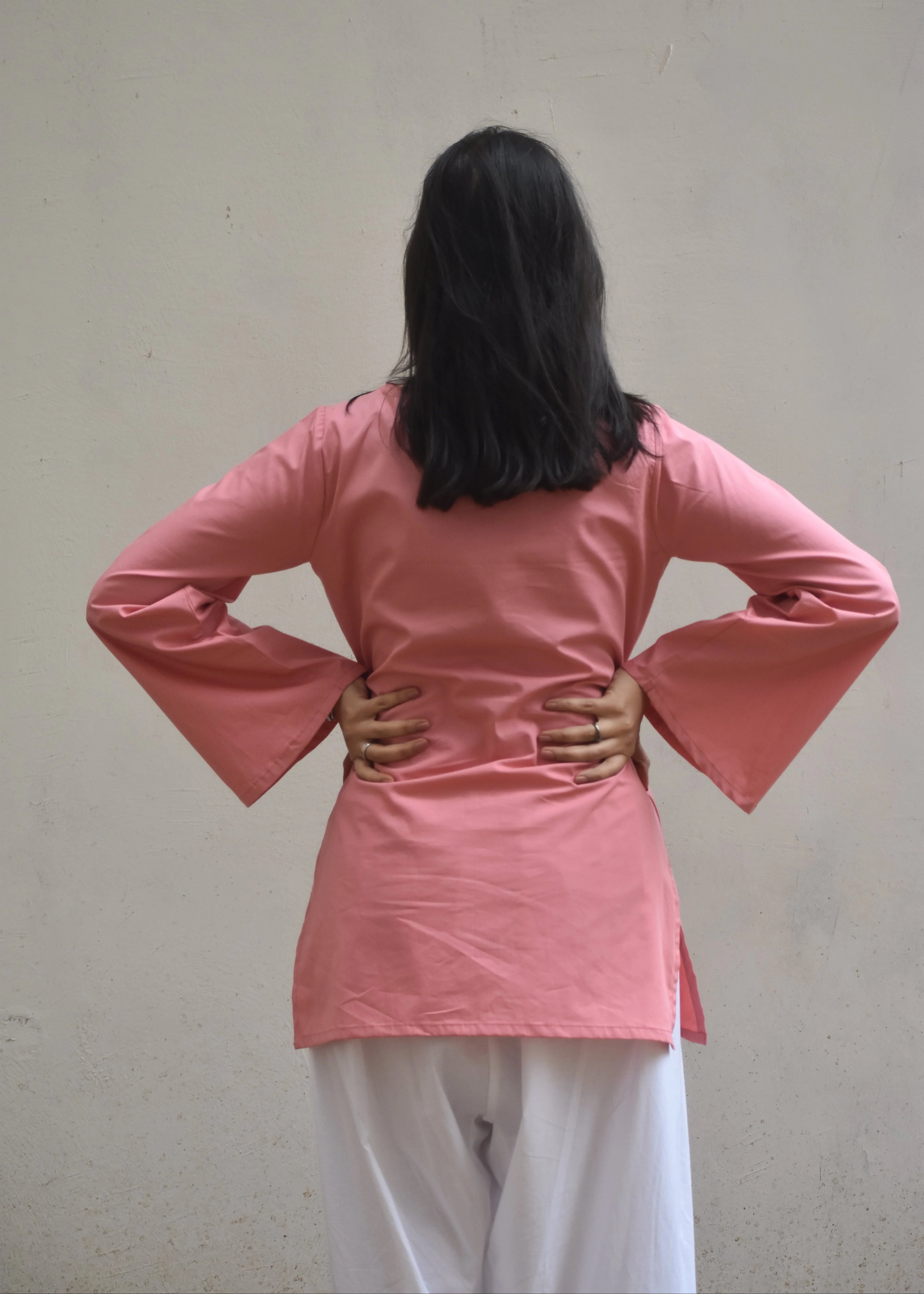 Women's Baby Pink Cotton Kurti | V-Neck Bell Sleeve Casual Ethnic Top | Soft Daily Wear Kurta for Women