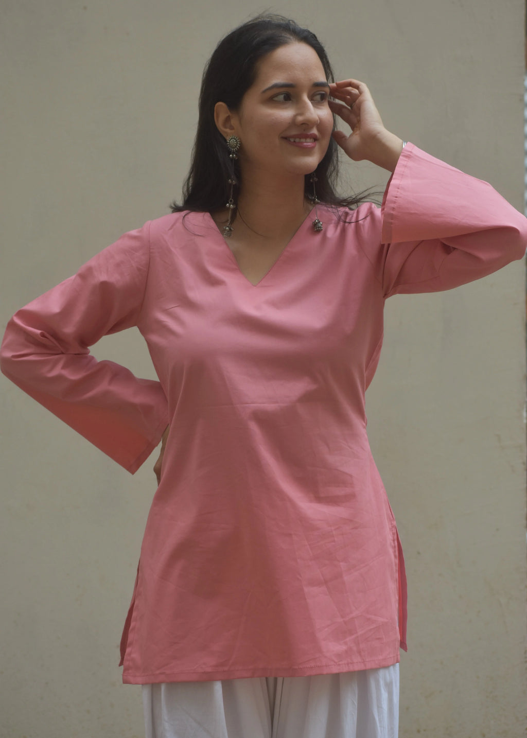 Women's Baby Pink Cotton Kurti | V-Neck Bell Sleeve Casual Ethnic Top | Soft Daily Wear Kurta for Women