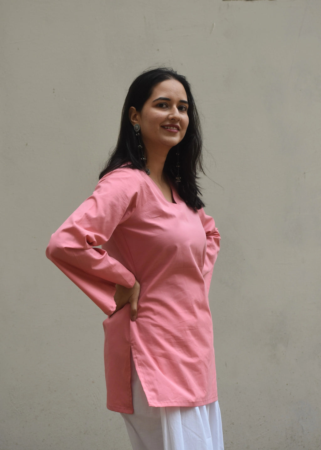 Women's Baby Pink Cotton Kurti | V-Neck Bell Sleeve Casual Ethnic Top | Soft Daily Wear Kurta for Women