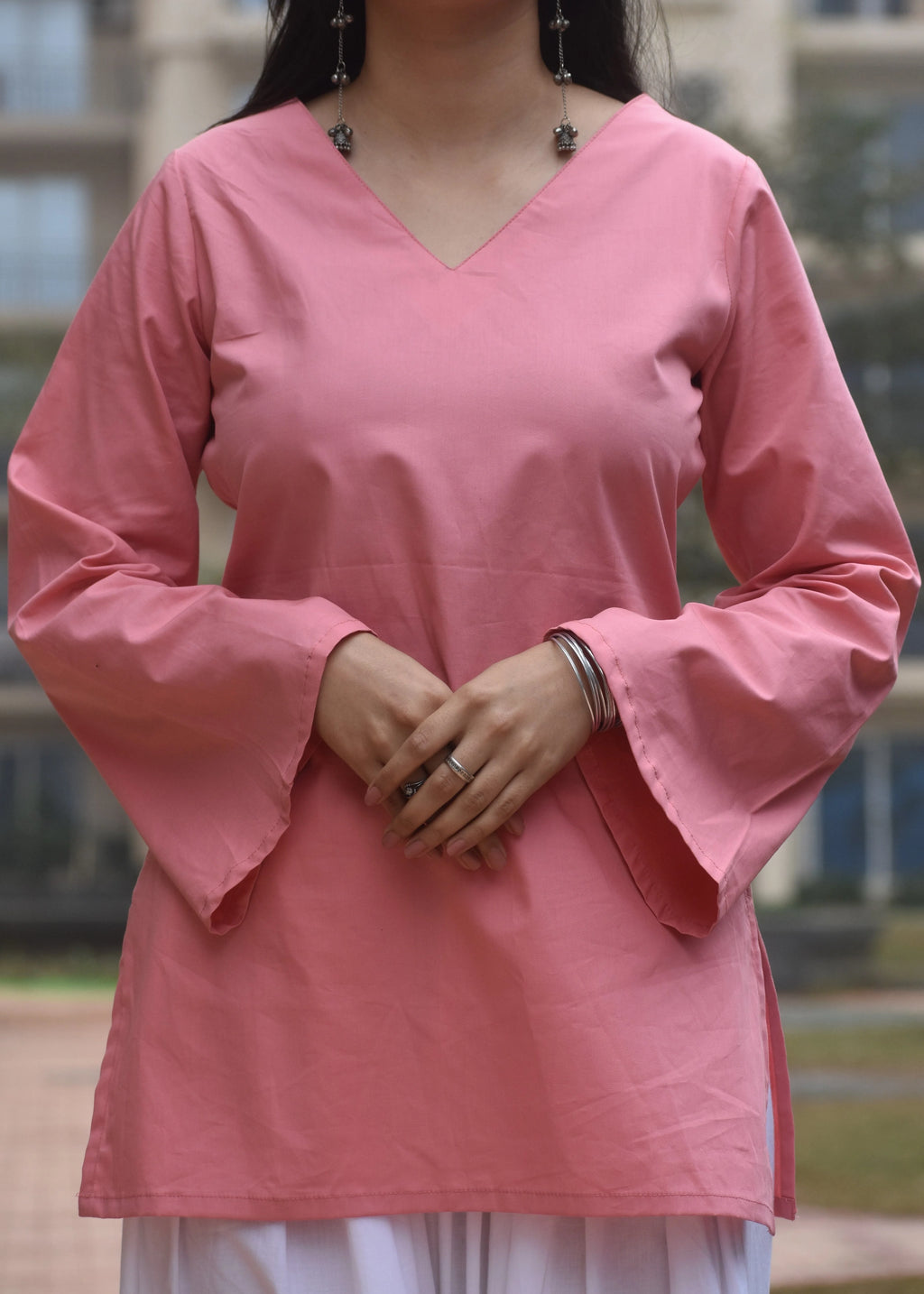 Women's Baby Pink Cotton Kurti | V-Neck Bell Sleeve Casual Ethnic Top | Soft Daily Wear Kurta for Women
