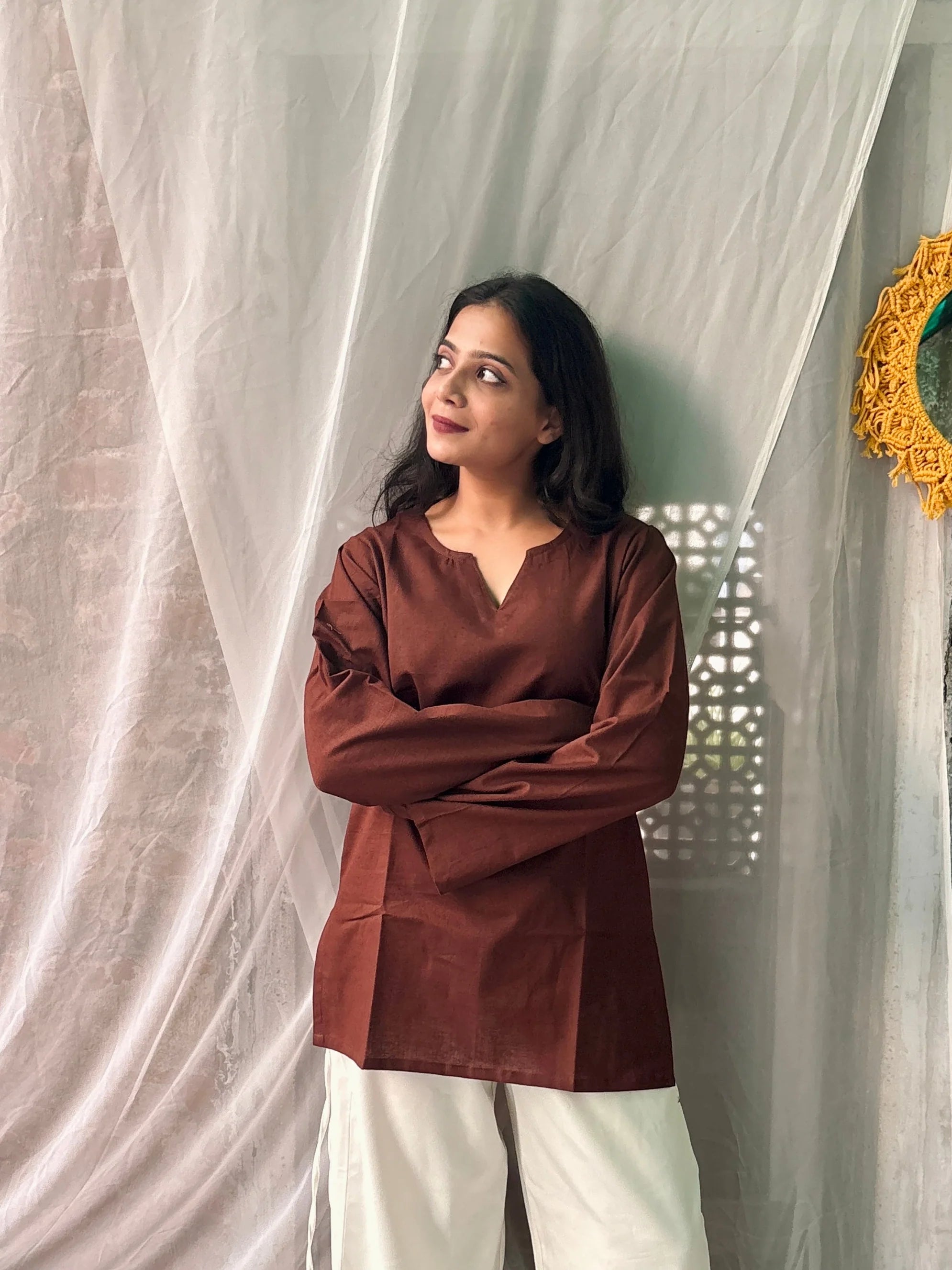 Women's Chocolate Brown Cotton Kurti | Solid Casual Straight Fit Top | Full Bell Sleeves | V-Notch Neck