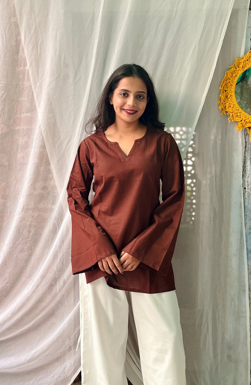 Women's Chocolate Brown Cotton Kurti | Solid Casual Straight Fit Top | Full Bell Sleeves | V-Notch Neck