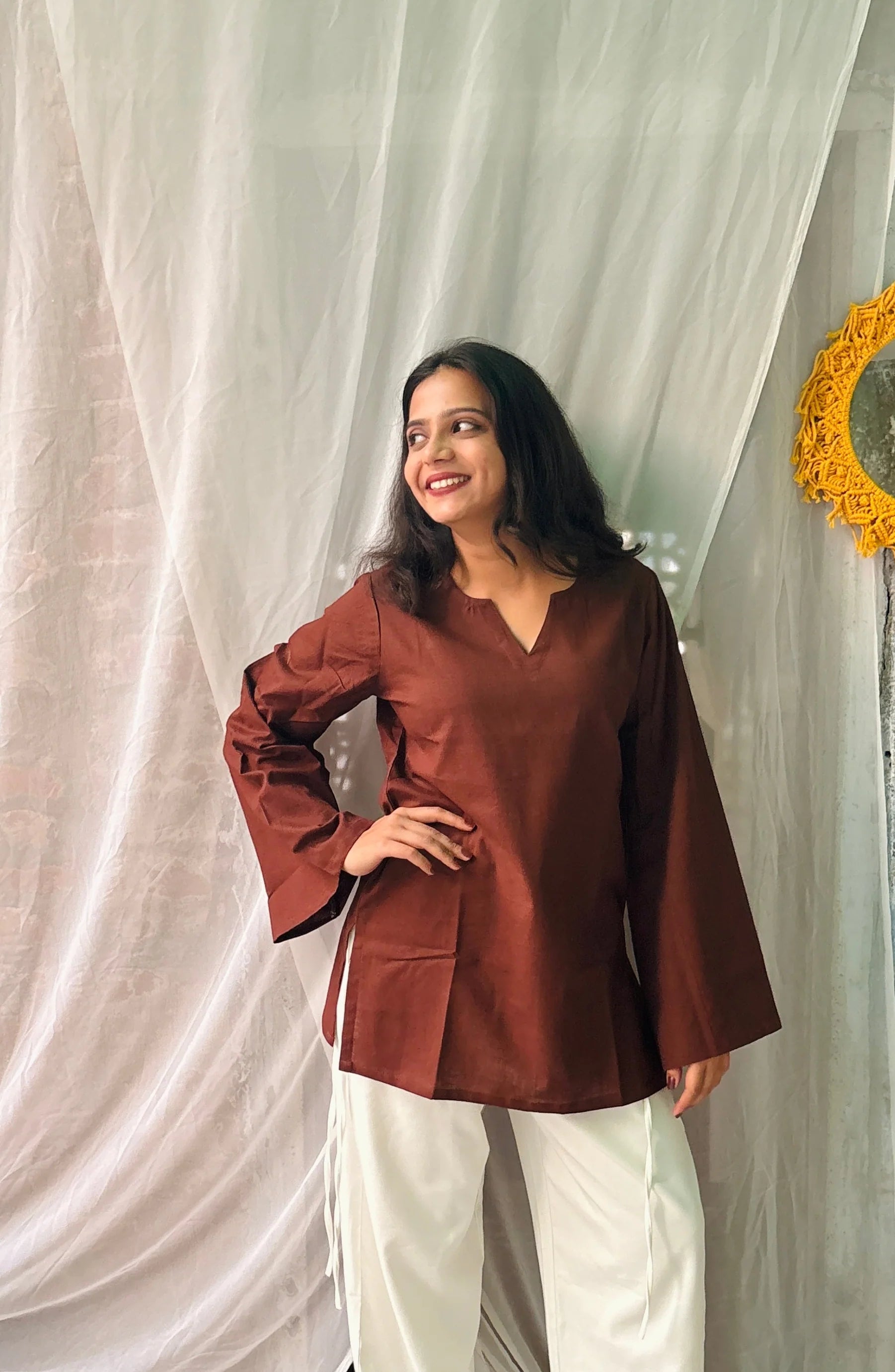 Women's Chocolate Brown Cotton Kurti | Solid Casual Straight Fit Top | Full Bell Sleeves | V-Notch Neck