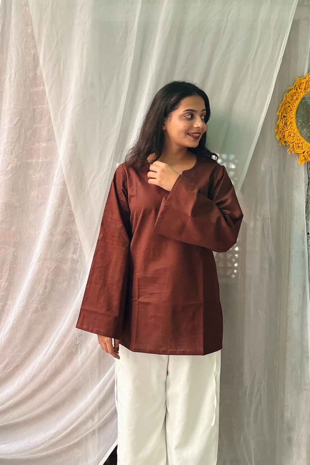 Women's Chocolate Brown Cotton Kurti | Solid Casual Straight Fit Top | Full Bell Sleeves | V-Notch Neck