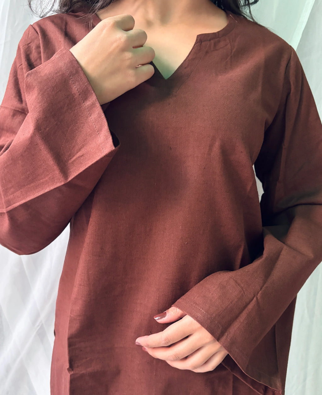 Women's Chocolate Brown Cotton Kurti | Solid Casual Straight Fit Top | Full Bell Sleeves | V-Notch Neck