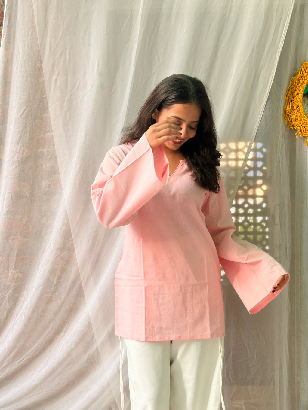 Women's Baby Pink Cotton Kurti | Solid Straight Fit Casual Top | Bell Sleeves | V-Notch Neck | Yousafzai