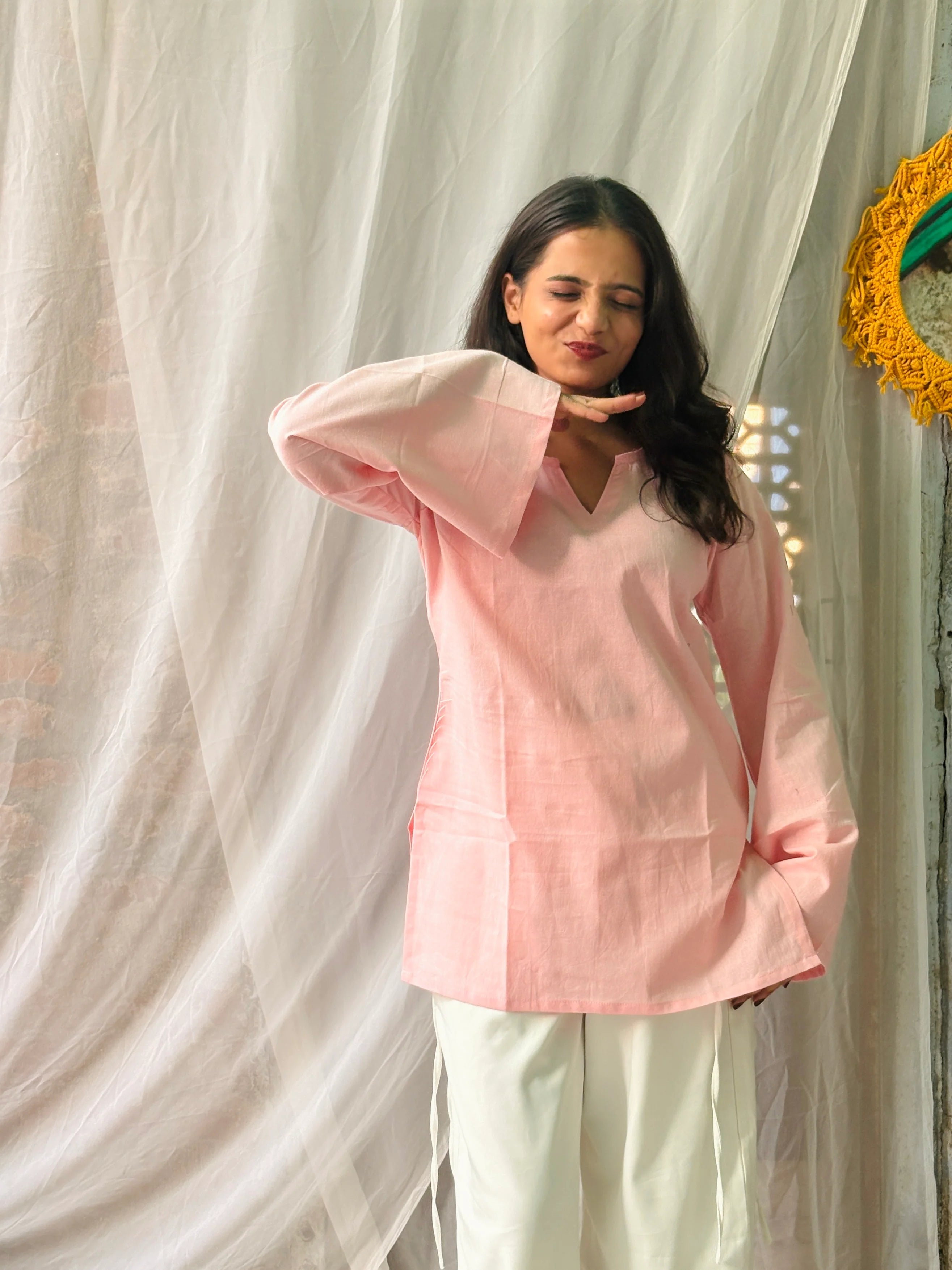 Women's Baby Pink Cotton Kurti | Solid Straight Fit Casual Top | Bell Sleeves | V-Notch Neck | Yousafzai