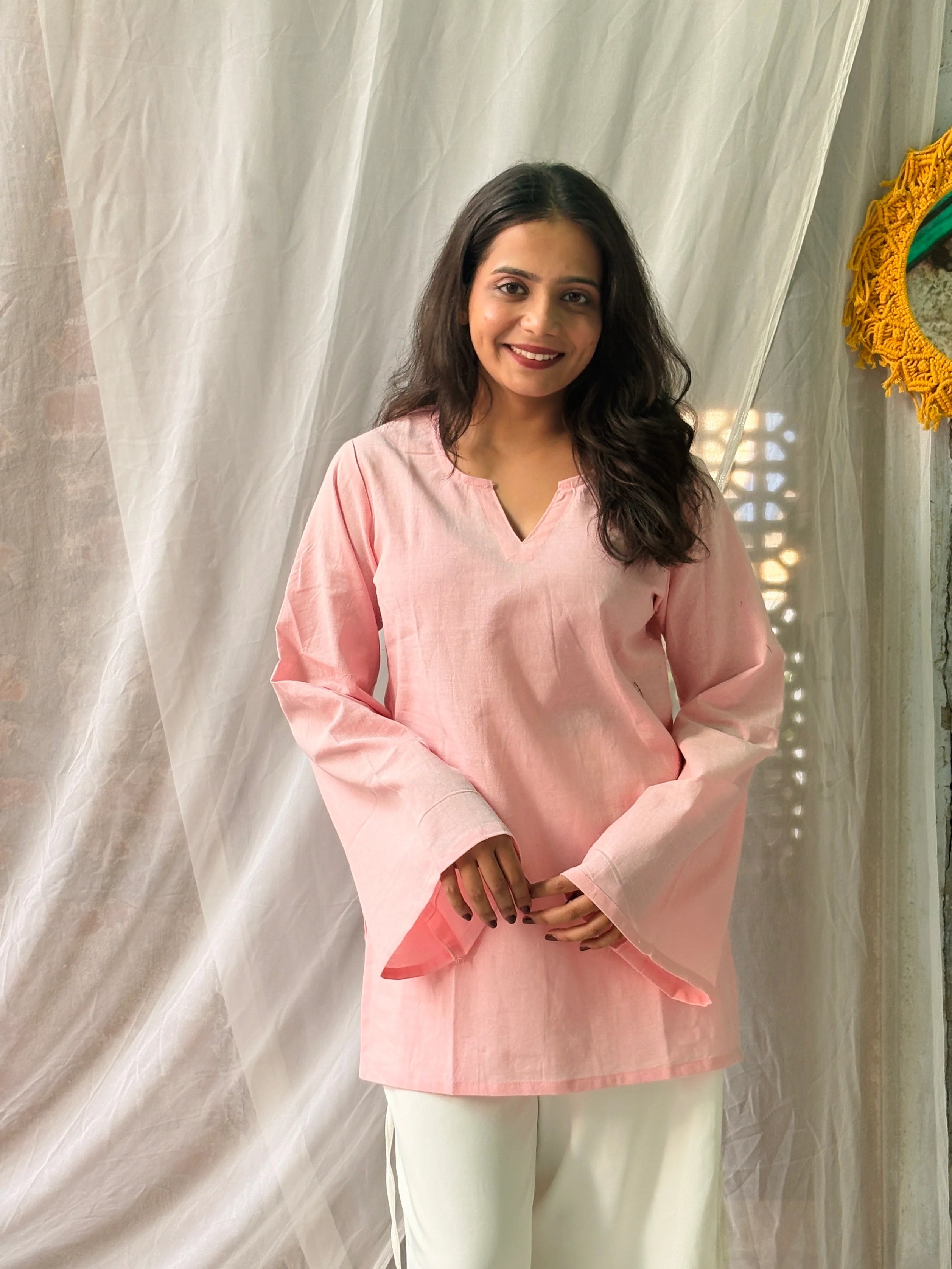 Women's Baby Pink Cotton Kurti | Solid Straight Fit Casual Top | Bell Sleeves | V-Notch Neck | Yousafzai